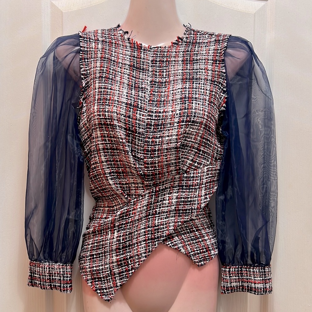 Zara Tweed Blouse With Organza Sleeves